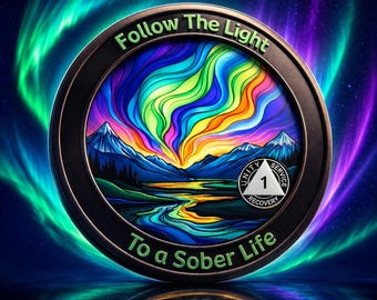 Northern Lights 1-5 Years Sobriety Medallion – AA Recovery Coin Token Anniversary, One Day at a Time Gift Token, Inspirational Sobriety Gift