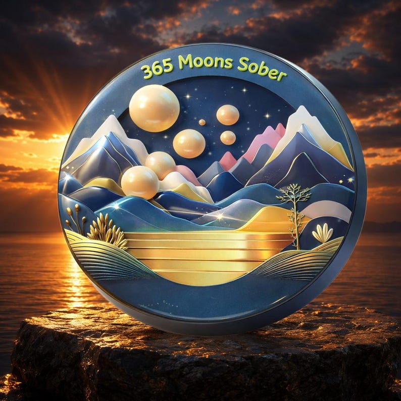 May include: A circular medallion featuring the text 365 Moons Sober, displaying a layered landscape of blue and gold mountains, a golden reflective body of water, and several spherical moon-like orbs against a dark starry night sky.