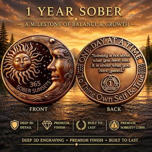 1 Year Sober AA Chip – Alcoholics Anonymous Sobriety Coin Recovery Medallion, One Year AA Recovery Coin Medallion Token for Anniversary