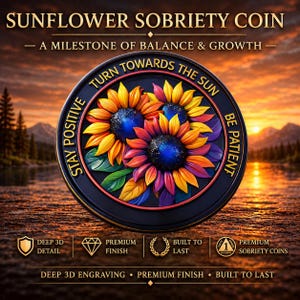 1 Year Sobriety Coin Sunflower Design – Recovery Medallion – Sobriety Anniversary Gift – Heavyweight 3D 1-5 Year Sober Anniversary Token