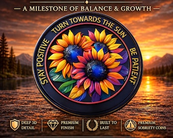 1 Year Sobriety Coin Sunflower Design – Recovery Medallion – Sobriety Anniversary Gift – Heavyweight 3D 1-5 Year Sober Anniversary Token