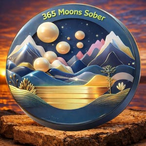May include: A circular medallion featuring the text 365 Moons Sober at the top. The design depicts a layered landscape with blue and gold mountains, a golden reflective body of water, and several pale spherical moons against a dark starry sky.