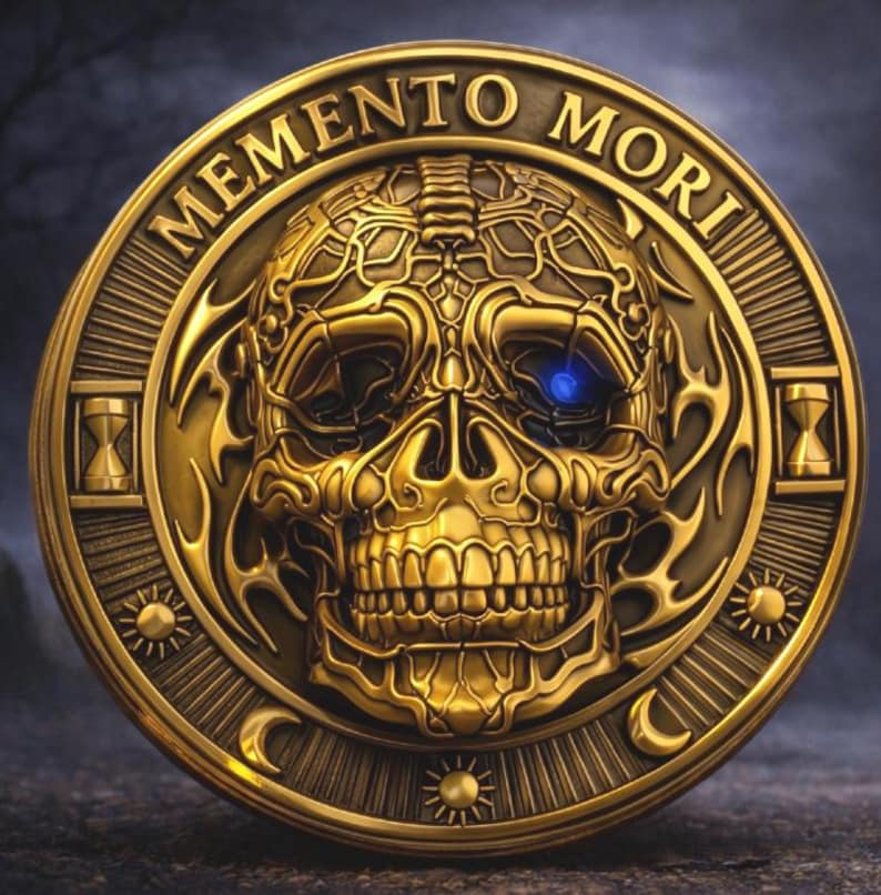 Memento Mori Collector Coin, Stoic Skull Pocket Token, Remember You Must Die, Philosophy Gift, Antique Finish Daily Reminder Challenge Coin bild 4