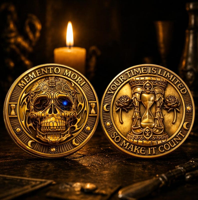 May include: Two gold-colored coins with intricate designs. One coin features a skull with the words "MEMENTO MORI." The other coin has an hourglass and the text "YOUR TIME IS LIMITED SO MAKE IT COUNT." A lit candle is in the background.
