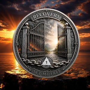 Recovery Challenge Chip Coin, 1 2 3 4 and 5 Year  - 3D Set Me Free Gates of Hell Meaningful Sobriety Gift, Sober Anniversary Keepsake'