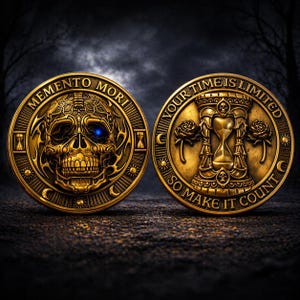 Memento Mori Collector Coin, Stoic Skull Pocket Token, Remember You Must Die, Philosophy Gift, Antique Finish Daily Reminder Challenge Coin Antique Gold