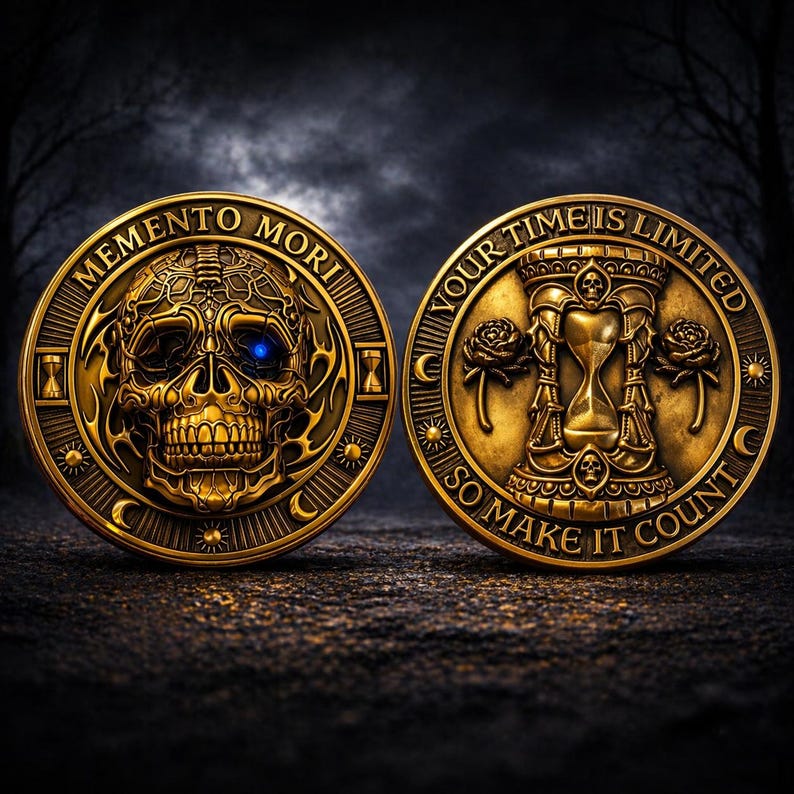 Memento Mori Collector Coin, Stoic Skull Pocket Token, Remember You Must Die, Philosophy Gift, Antique Finish Daily Reminder Challenge Coin Antique Gold