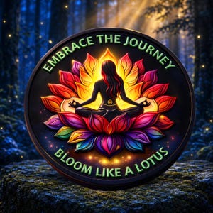 May include: A circular medallion featuring a silhouette of a person in a seated meditation pose centered on a vibrant, multi-colored lotus flower. The text EMBRACE THE JOURNEY and BLOOM LIKE A LOTUS is printed in green along the top and bottom edges.