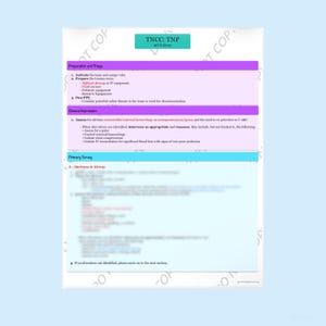 May include: A document with the title "TNCC: TNP 9th Edition" is displayed. The document is divided into sections including "Preparation and Triage", "General Impression", and "Primary Survey". The text is in black font on a white background.