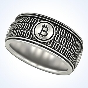 Handmade Sterling Silver Bitcoin Binary Code Ring, Oxidized Crypto Jewelry for Men