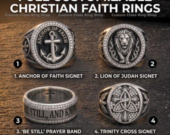 Sterling Silver925 Christian Faith Signet Rings, Anchor, Lion, Trinity Cross, Prayer Band Ring
