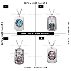 May include: Four rectangular metal dog tag pendants on chains, labelled 5, 6, 7, and 8. Each features a central gemstone, school name, and the year 2023. Pendant 5 has a blue stone, pendant 6 a light blue stone, pendant 7 a pink stone, and pendant 8 a pink stone.
