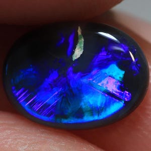 May include: A polished, oval black opal gemstone. The opal exhibits vibrant internal colours, mainly blues and purples, with flashes of pink and green. The stone is held between fingers, showcasing its iridescent play-of-colour.