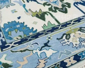 Handcrafted Blue and Green Wool Oushak Rug: Turkish Carpet