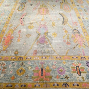 9x12 Hand-Knotted Pastel Oushak Rug–Light Gray Base with Pink, Blue, and Yellow Floral Motifs | Turkish Area Rug for Bedroom, Living Room