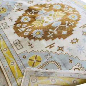 Vintage Hand-Knotted Oushak Rug: Soft Blue & Yellow Wool Oriental Area Rug