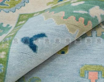 Light Blue Green Oushak Rug Hand Knotted | Custom Sizes 6x9 8x10 9x12 10x14 12x18 | Wool Area Rug Home Decor