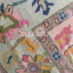 Hand Knotted Turkish Oushak Rug: Pink Green Floral Wool Rug