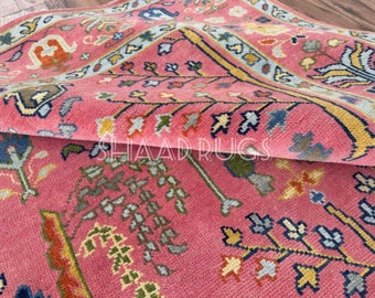 Hand-Knotted Wool Oushak Rug: Floral Turkish Area Rug