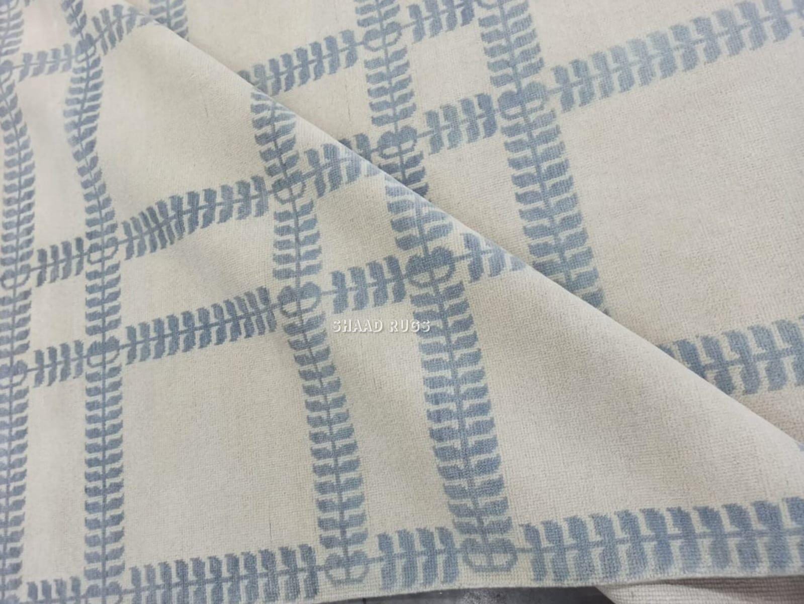 Handmade Blue Wool Oushak Rug: Modern Grid Design