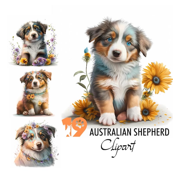 Australian Shepherd Puppy Clipart Aussies Dog Digital Illustration Paper Crafting Collage Image Junk Journal Scrapbook Painting Art Prints