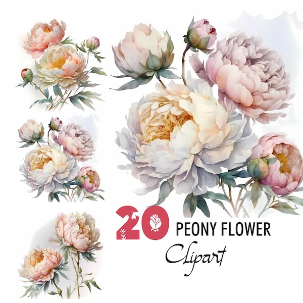 20 Peony Flowers Clipart Watercolor Illustration Floral Digital Image Printable Download Scrapbooking Junk Journal Paper Pages Crafting Card