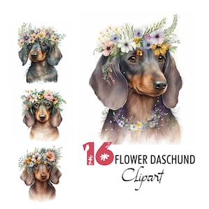 Dackel Welpe Clipart Blumen Krone Wurst Dackel Teckel Doxie Illustration Papier Handwerk Collage Bild Junk Journal Scrapbook