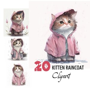 Kitten In Raincoat Cat Pink Clipart Digital Illustration Paper Crafting Collage Image Junk Journaling Scrapbook Painting Art Prints Download