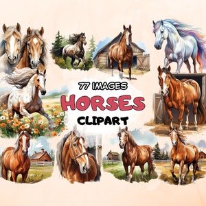 Horses Watercolor PNG Clipart Bundle Country Western Barn Farm Forest Farmhouse Animal Nature Illustration Digital Download Commercial Use