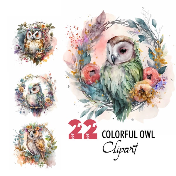 Owl Colorful Clipart Watercolor Illustration Spring Floral Digital Image Printable Download Scrapbooking Junk Journal Paper Pages Crafting