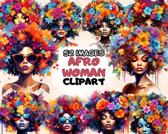 Afro Woman PNG Clipart Bundle Watercolor Colorful Floral Black Women African American Queen Image Graphic Illustration Digital Download