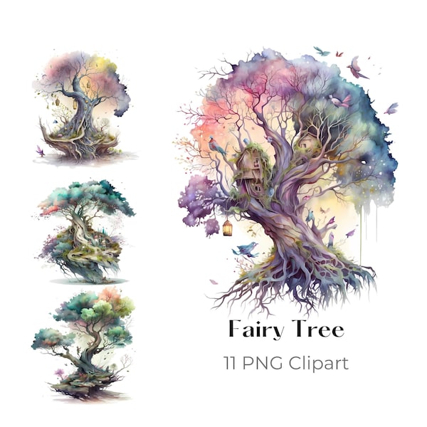 Fairy Tree PNG Magical Forest Watercolor Fantasy Clipart Digital Paper Craft Collage Image Junk Journal Scrapbook Paint Art Print Download