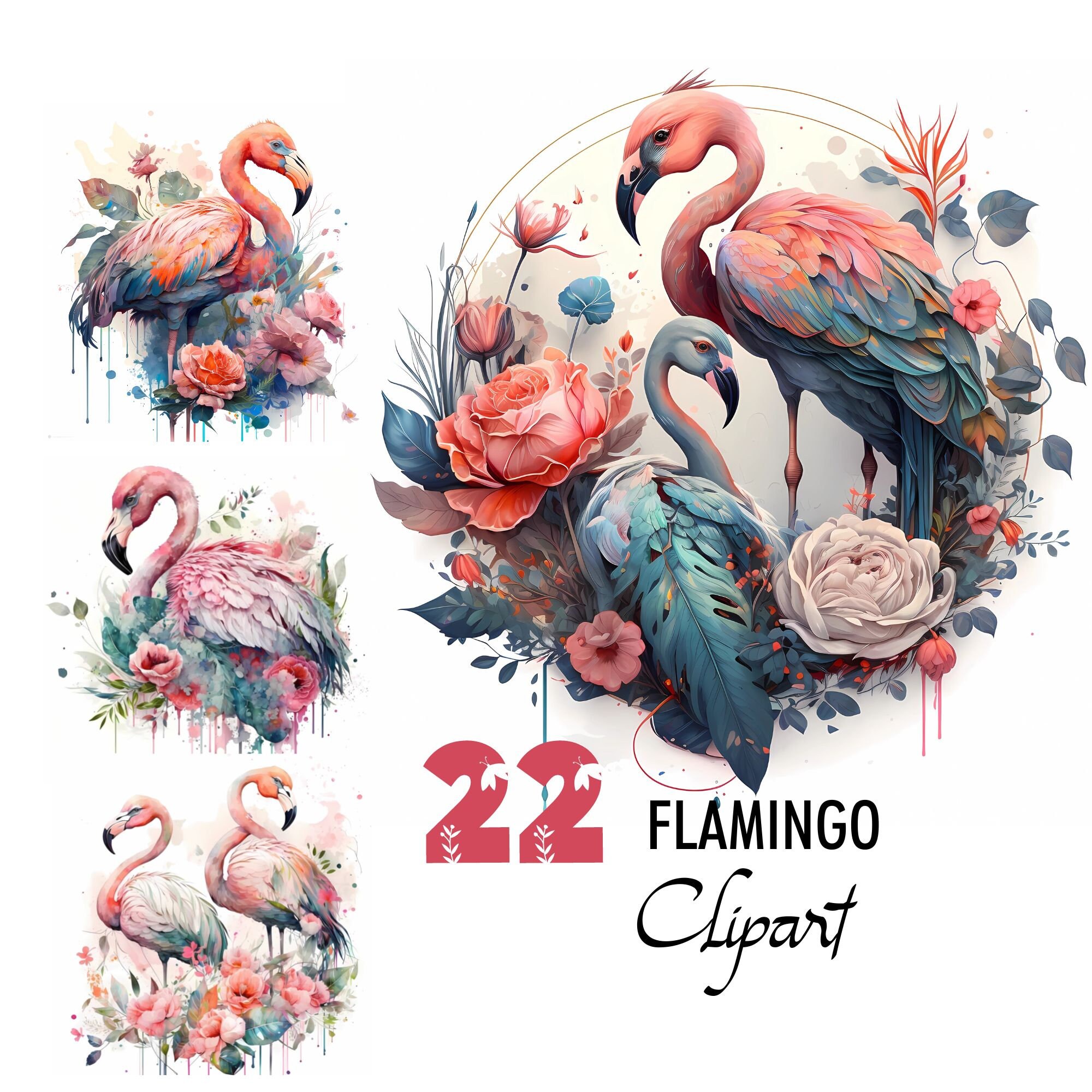 Flamingo Floral Clipart Watercolor Illustration Spring Floral Digital Image Printable Download Scrapbooking Junk Journal Paper Pages Craft