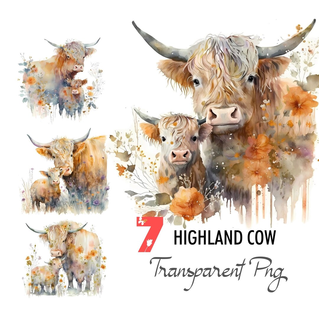 Highland Cow PNG Mother Baby Watercolor Clipart Digital Paper Crafting ...