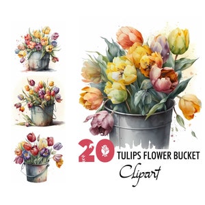 Tulpen Eimer Clipart Blumen Boho Pflanze Wildblume Digitale Illustration Papier Handwerk Bild Junk Journal Sammelalbum Farbe Kunstdruck Download