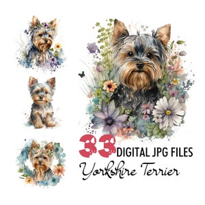 Clipart aquarelle Yorkshire Terrier, illustration florale de Yorkie JPG Yorkie mignon art mural imprimable chiot portrait d'animal de compagnie téléchargement Scrapbooking