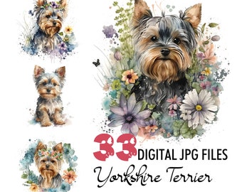 Yorkshire Terrier Watercolor Clipart, Floral Yorkie JPG Illustration Cute Yorkie Printable Wall Art Puppy Pet Portrait Download Scrapbooking