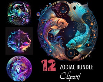 Zodiac Bundle PNG Sublimation Horoscope Design Rainbow Fantasy Galaxy Celestial Star Sign Design Bottle Tumbler Wrap Print Digital Download