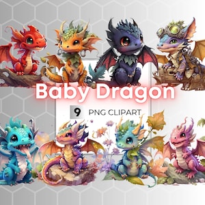 Bebê Dragão Clipart PNG Colorido Aquarela Fantasia Fofo Kawaii Dragão Arco-Íris Floral Steampunk Rosa Vermelho Laranja Preto Azul Ciano Marrom Imagem