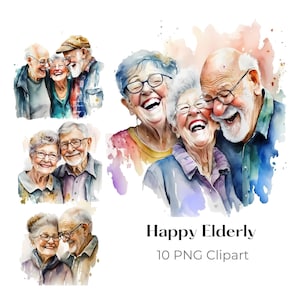 Lindo anciano PNG acogedor abuela abuelo clipart abuelos acuarela ilustración digital papel elaboración imagen diario basura álbum de recortes impresión