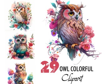 Owl Colorful Clipart Watercolor Illustration Spring Floral Digital Image Printable Download Scrapbooking Junk Journal Paper Pages Crafting