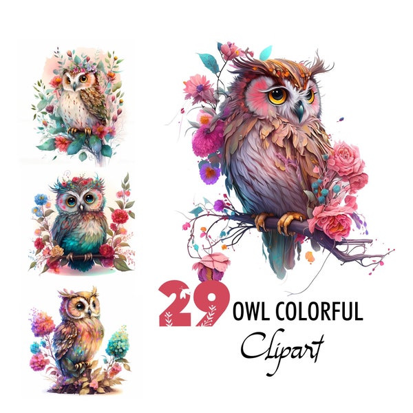 Owl Colorful Clipart Watercolor Illustration Spring Floral Digital Image Printable Download Scrapbooking Junk Journal Paper Pages Crafting