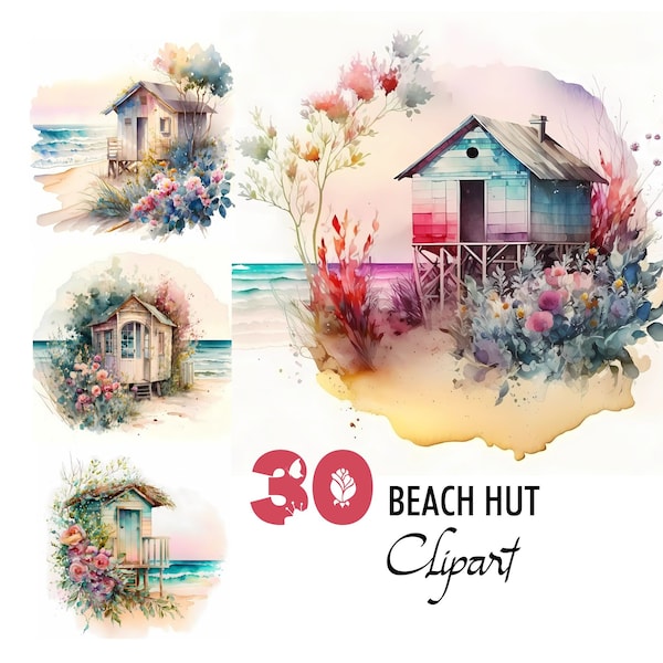 Beach Hut Cabin Illustration Aquarelle Clipart Graphique JPG Scrapbooking Junk Journal Digital Crafting Paper Pages Fichier de téléchargement imprimable