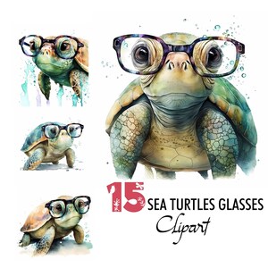 Meeresschildkröte mit Brille Clipart Digitale Illustration Papier Handwerk Collage Bild Junk Journaling Scrapbook Malerei Kunstdrucke Download