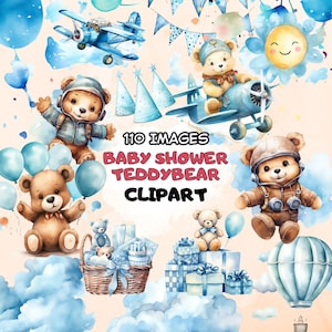 Teddy Bear Baby Boy Clipart Bundle Pack Acquerello Blu Teddybear Baby Shower Festa di compleanno Invito Clip Art Decalcomania Sfondo Cupcake Toppers