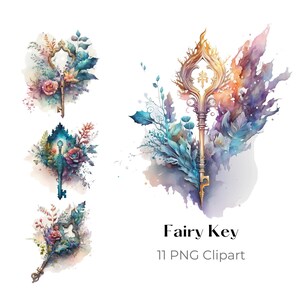 Fairy Key PNG Magical Fairytale Watercolor Fantasy Clipart Digital Paper Craft Collage Image Junk Journaling Scrapbook Paint Art Print