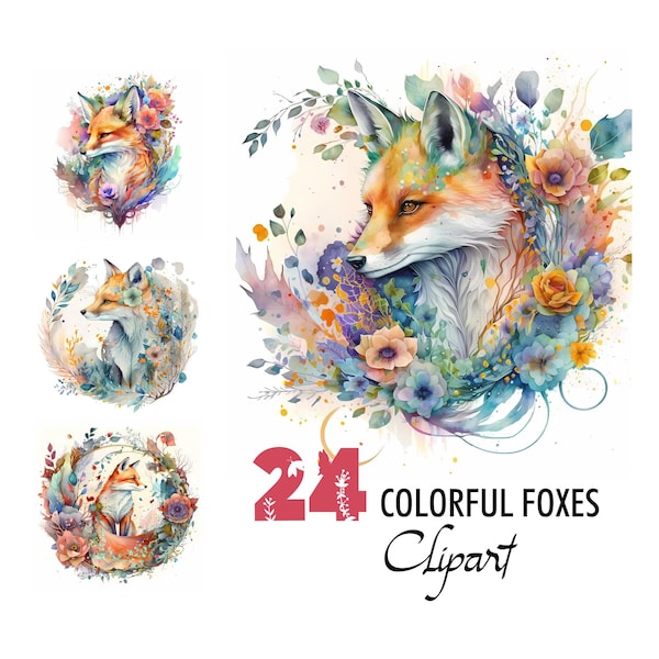 Colorful Fox Clipart Floral Watercolor Digital Illustration Paper Crafting Collage Images Junk Journal Scrapbook Woodland Art Print Download