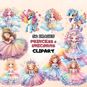 Princesse Licorne PNG Clipart Bundle Château de conte de fées Arc-en-ciel Poney Fille Anniversaire Décalque Bébé Fille Baby Shower Téléchargement numérique Utilisation commerciale