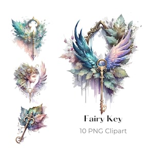 Fairy Key PNG Magical Fairytale Watercolor Fantasy Clipart Digital Paper Craft Collage Image Junk Journaling Scrapbook Paint Art Print