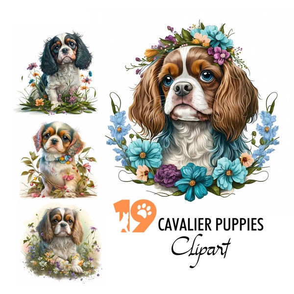 Cavalier Puppy Clipart Cavies Charlies Pet Dog Illustration numérique Papier Artisanat Collage Image Junk Journal Scrapbook Peinture Art Prints